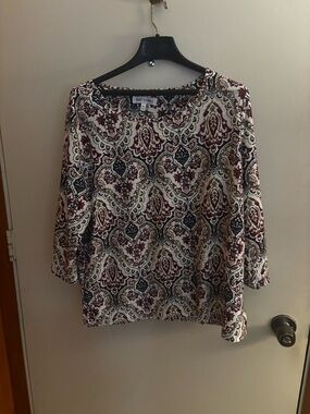 Emily Daniels cream Paisley 3/4-Sleeve Blouse with Burgundy and Black Accents